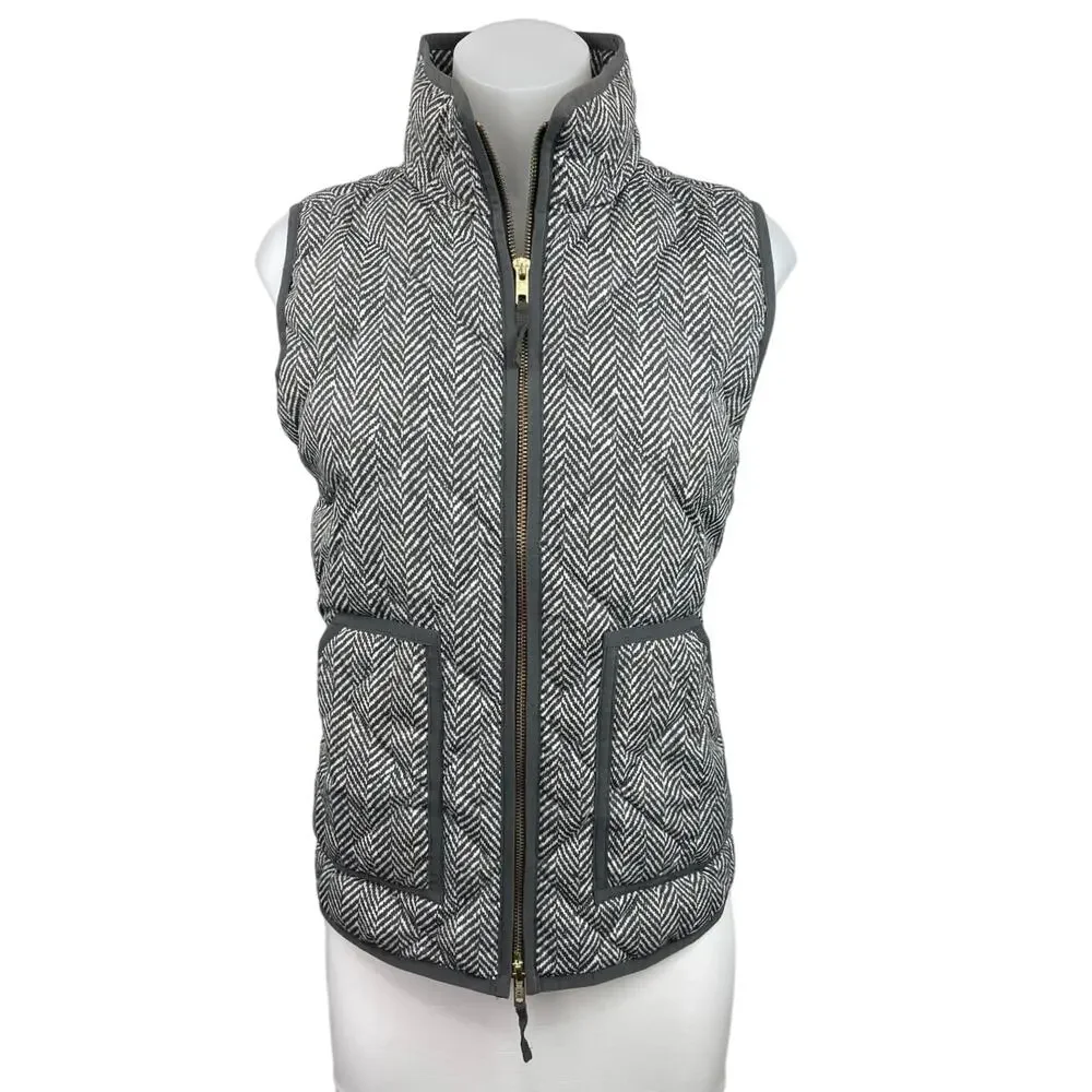 J Crew Gray Herringbone Full Zip Sleeveless Pockets Quilted Down Puffer Vest S